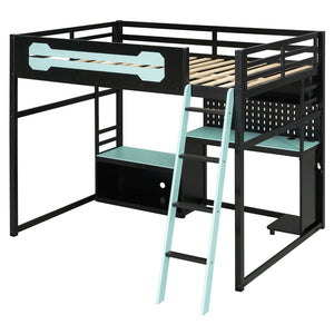 English Elm Full Size Gaming Loft Bed with Built-in Desk Led Lighting Usb Ports and Pegboard Black+Blue LT000270AAC