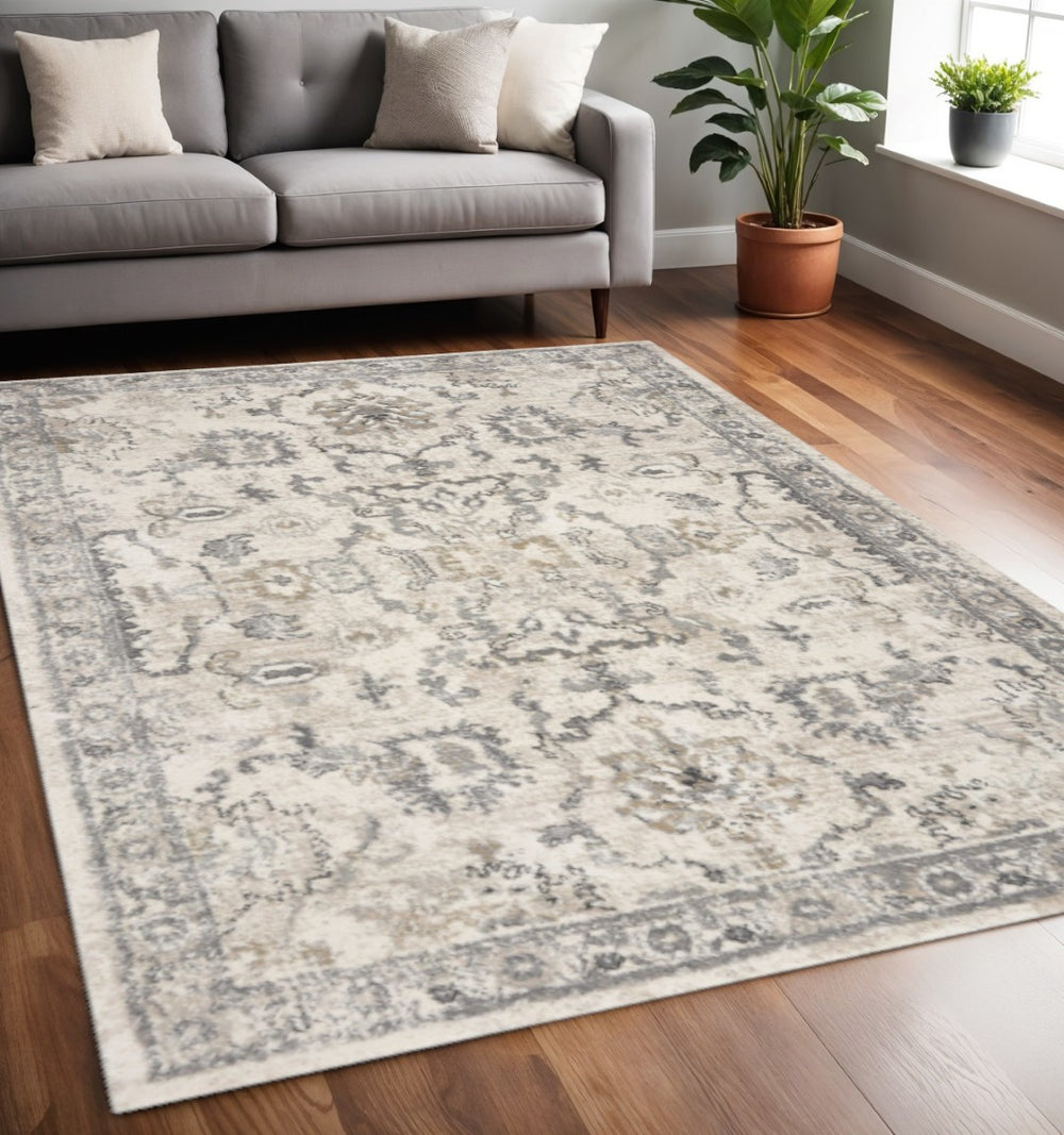 HomeRoots 8' Elegant Ivory and Gray Floral Medallion Area Rug - Durable, Low-Maintenance Design for Homes 5' X 8' 352931