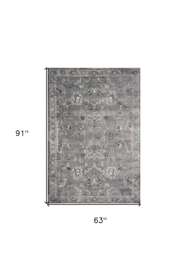 Homeroots 5' X 8' Grey Vintage Floral Bordered Indoor Area Rug  Polypropylene 352932