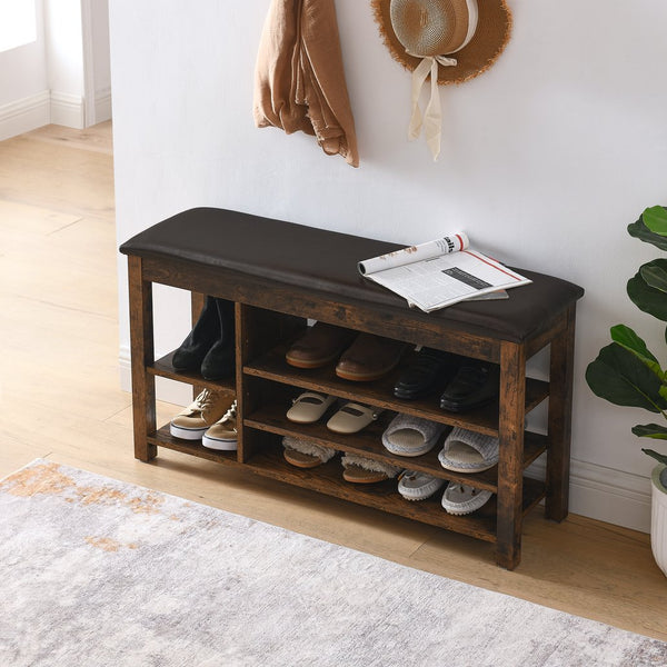 English Elm A Height-Adjustable Shoe Changing Bench With Vintage Charcoal-Grained Wood, Storage & Comfort W487P289971