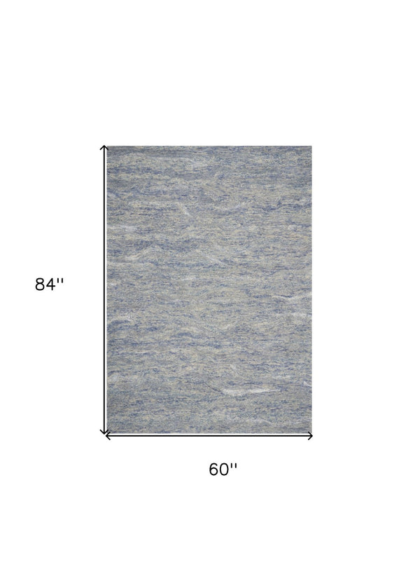 HomeRoots 7' Luxurious Hand-Tufted Wool Area Rug with Abstract Blue and Beige Design for Modern Interiors 5' X 7' 352947