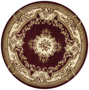 Homeroots 7' Red And Ivory Floral Border Round Rug  Polypropylene 352949