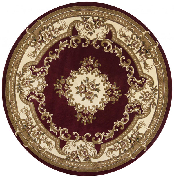 Homeroots 7' Red And Ivory Floral Border Round Rug  Polypropylene 352949