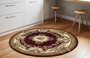 Homeroots 7' Red And Ivory Floral Border Round Rug  Polypropylene 352949
