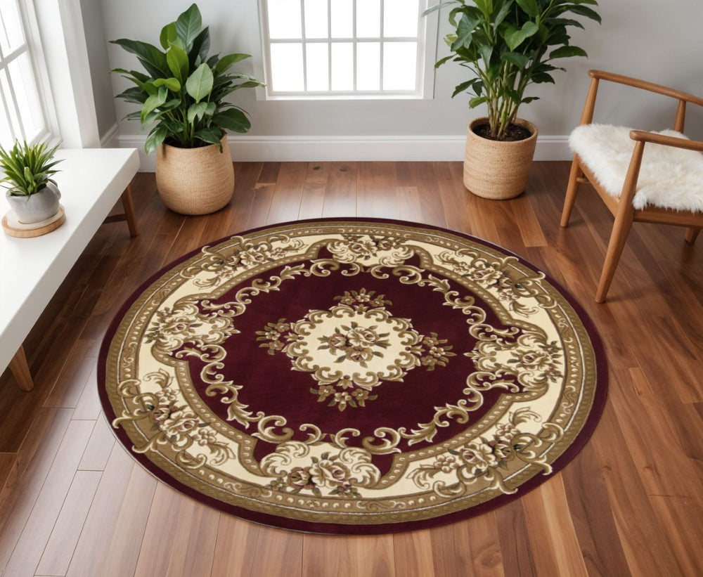 HomeRoots 7' Elegant Red and Ivory Floral Border Rug - Timeless Victorian Design for Stylish Home Decor 7' Round 352949