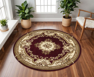 HomeRoots 7' Elegant Red and Ivory Floral Border Rug - Timeless Victorian Design for Stylish Home Decor 7' Round 352949