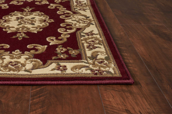 HomeRoots 7' Elegant Red and Ivory Floral Border Rug - Timeless Victorian Design for Stylish Home Decor 7' Round 352949