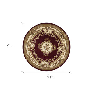 Homeroots 7' Red And Ivory Floral Border Round Rug  Polypropylene 352949