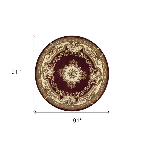 Homeroots 7' Red And Ivory Floral Border Round Rug  Polypropylene 352949