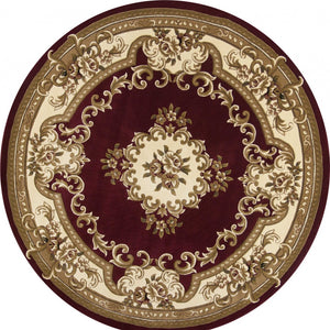 Homeroots 7' Red And Ivory Floral Border Round Rug  Polypropylene 352949