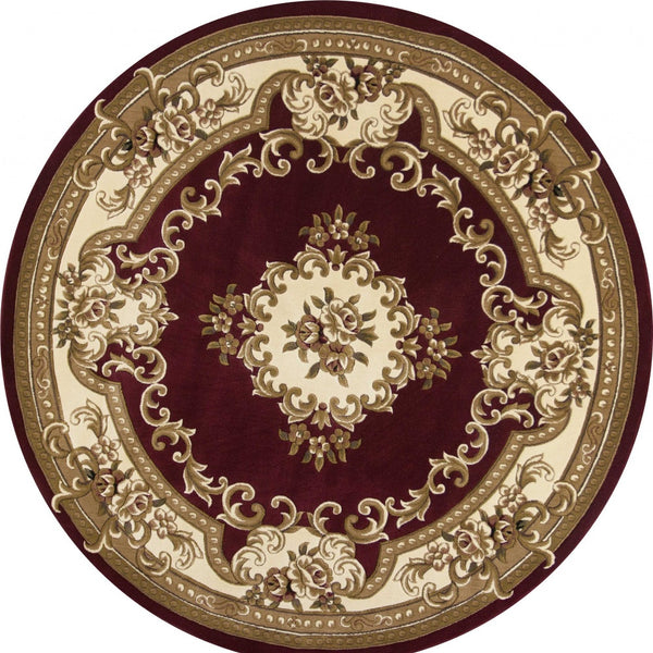 Homeroots 7' Red And Ivory Floral Border Round Rug  Polypropylene 352949
