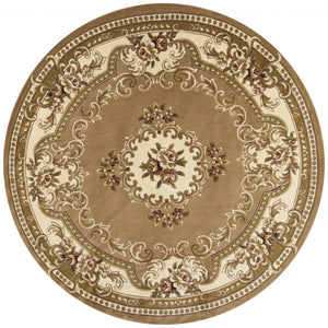 Homeroots 8' Beige Ivory Machine Woven Hand Carved Floral Medallion Round Indoor Area Rug  Polypropylene 352950