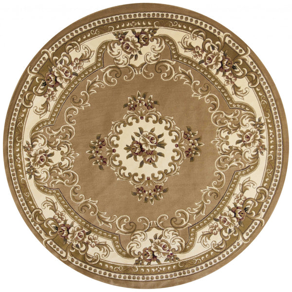 Homeroots 8' Beige Ivory Machine Woven Hand Carved Floral Medallion Round Indoor Area Rug  Polypropylene 352950