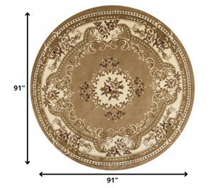 Homeroots 8' Beige Ivory Machine Woven Hand Carved Floral Medallion Round Indoor Area Rug  Polypropylene 352950