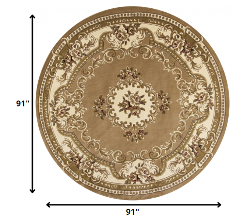 Homeroots 8' Beige Ivory Machine Woven Hand Carved Floral Medallion Round Indoor Area Rug  Polypropylene 352950