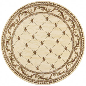 Homeroots 8' Ivory Machine Woven Hand Carved Fleur De Lis Round Indoor Area Rug  Polypropylene 352957