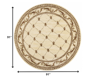 Homeroots 8' Ivory Machine Woven Hand Carved Fleur De Lis Round Indoor Area Rug  Polypropylene 352957