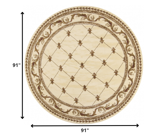 Homeroots 8' Ivory Machine Woven Hand Carved Fleur De Lis Round Indoor Area Rug  Polypropylene 352957