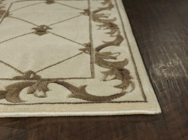 Homeroots 8' Ivory Machine Woven Hand Carved Fleur De Lis Round Indoor Area Rug  Polypropylene 352957