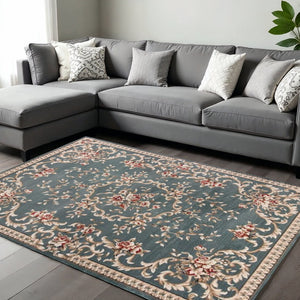 HomeRoots 8' Slate Blue Red Ivory Floral Medallion Rug – Timeless Elegance, Durable, Stain-Resistant Design 8' X 10' 352965