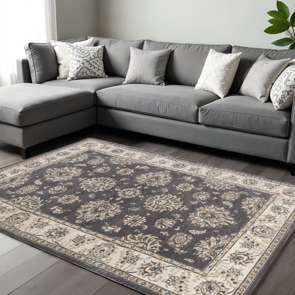 HomeRoots 8' Gray and Ivory Floral Medallion Round Rug - Timeless Elegance for Living Spaces, Durable Comfort 8' X 10' 352968