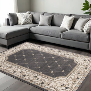 HomeRoots 8' Gray and Ivory Floral Round Rug - Elegant Traditional Design for High-Traffic Living Spaces 8' X 10' 352973