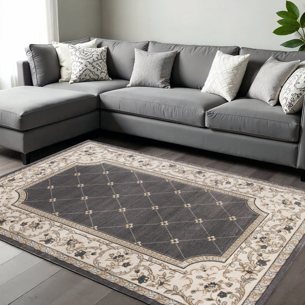HomeRoots 8' Gray and Ivory Floral Round Rug - Elegant Traditional Design for High-Traffic Living Spaces 8' X 10' 352973