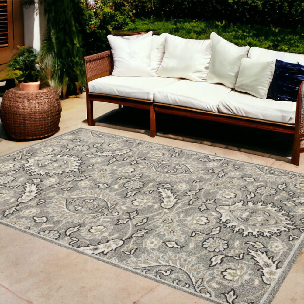 HomeRoots 8' Gray Damask Area Rug - Elegant Indoor-Outdoor Design, Durable & Low-Maintenance for Any Space 8' x 11' 352974