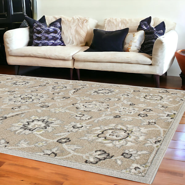 Homeroots 7' X 11' Beige Or Grey Floral Vines Uv Treated Indoor Area Rug  Polypropylene 352976