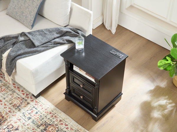 English Elm Farmhouse Rustic Nightstand with Built-in Charging Station Barn Wood Grain Storage Black W2393P324431