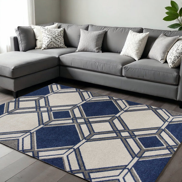 HomeRoots 8' Geometric Area Rug in Blue, Ivory, and Gray - Modern Design for Stylish, Cozy Living Spaces 8' X 11' 352982