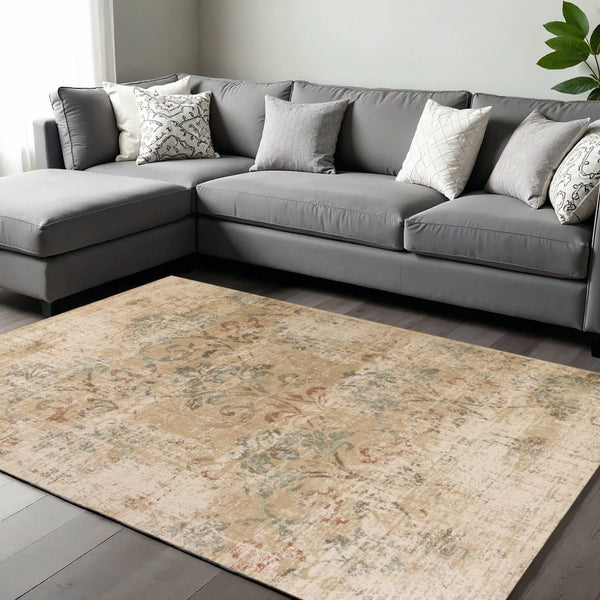 HomeRoots 5' Timeless Champagne and Beige Damask Area Rug - Durable, Elegant, Perfect for Living Spaces 8' X 11' 352987