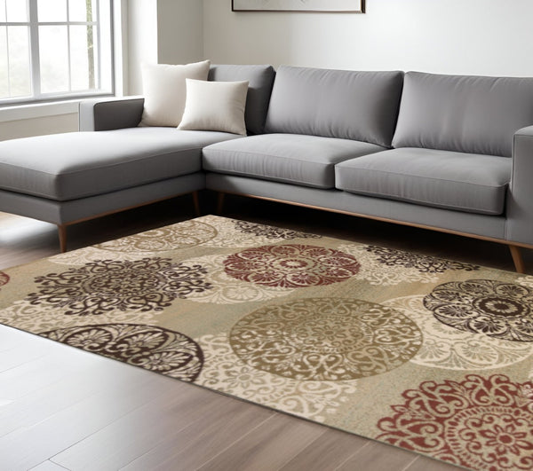 HomeRoots 5' Sage Brown and Ivory Floral Medallion Area Rug - Timeless Elegance for Your Home Décor 8' X 11' 352989