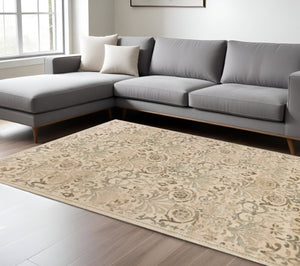 HomeRoots 5' Timeless Ivory and Brown Floral Medallion Area Rug for Elegant Living Spaces and Durability 8' X 11' 352990