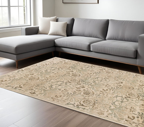 HomeRoots 5' Timeless Ivory and Brown Floral Medallion Area Rug for Elegant Living Spaces and Durability 8' X 11' 352990
