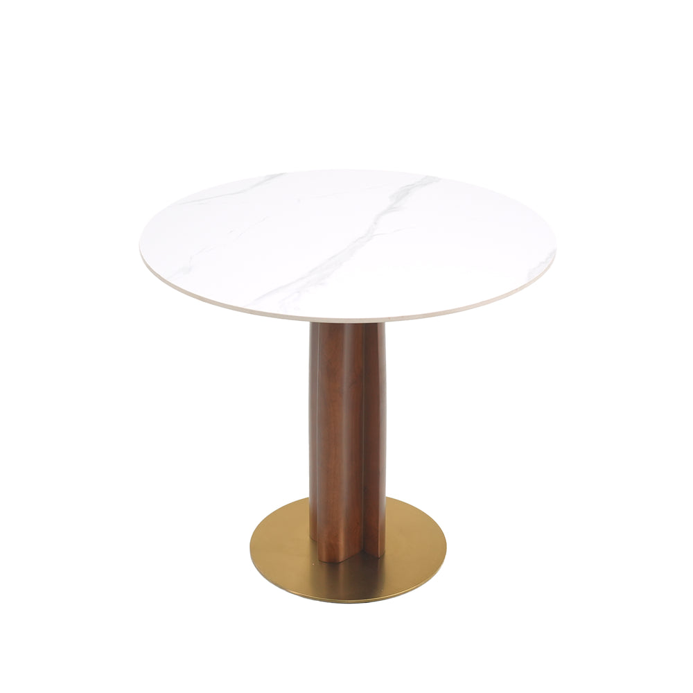 English Elm Modern Round Dining Table - 33.5" Sintered Stone Top, Wooden Legs & Gold Base For Small Spaces W1535S00608