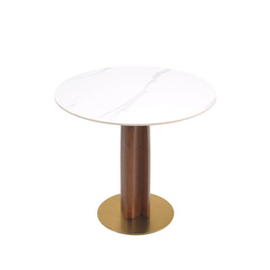 English Elm Modern Round Dining Table - 33.5" Sintered Stone Top, Wooden Legs & Gold Base For Small Spaces W1535S00608