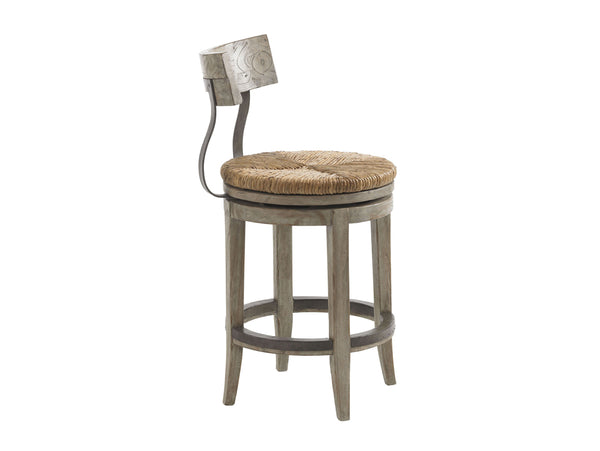 Lexington Dalton Stylish Driftwood Bar Stool With Woven Cane And Rush Seat - Chic French-american Design Driftwood Wood 352-815-01