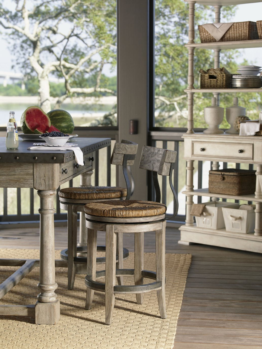 Lexington Dalton Stylish Driftwood Bar Stool With Woven Cane And Rush Seat - Chic French-american Design Driftwood Wood 352-815-01