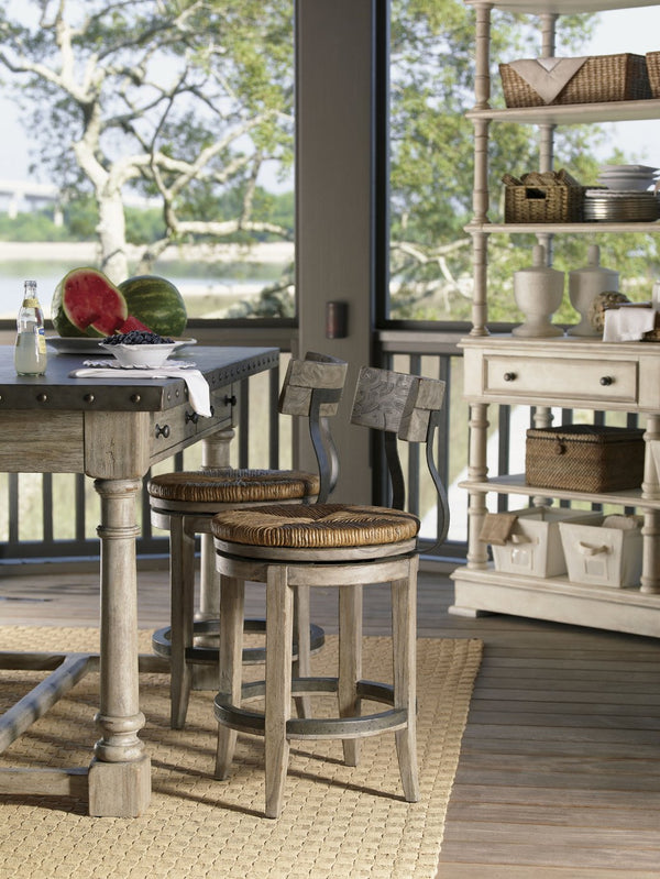 Lexington Dalton Stylish Driftwood Bar Stool With Woven Cane And Rush Seat - Chic French-american Design Driftwood Wood 352-815-01