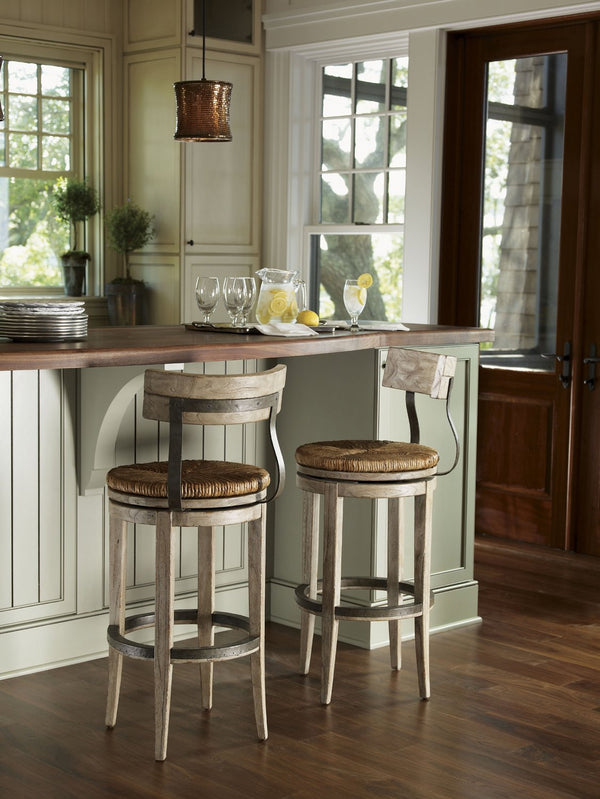 Lexington Dalton Stylish Driftwood Bar Stool With Woven Cane And Rush Seat - Chic French-american Design Driftwood Wood 352-816-01