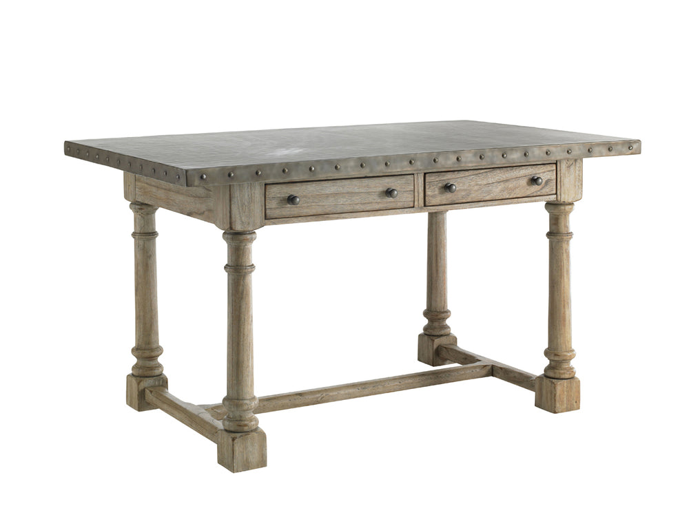 Lexington Shelter Island Bistro Table - Chic Driftwood Finish With Hammered Stainless Steel Top & Storage Drawers Driftwood Wood 352-873