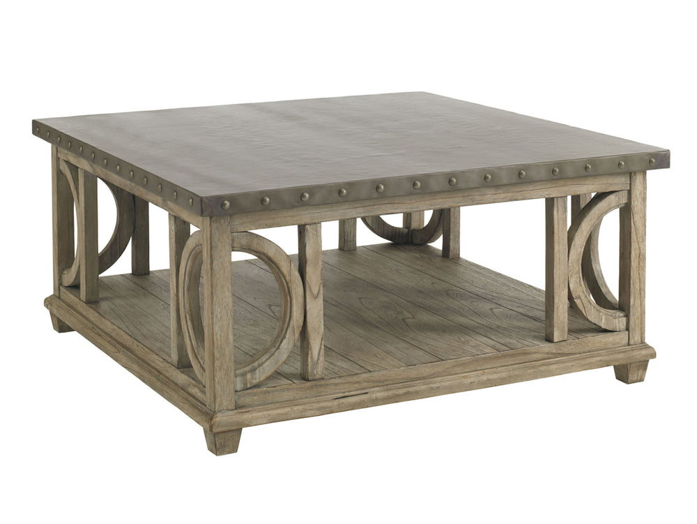 Lexington Wyatt Cocktail Table - Chic Driftwood Finish With Hammered Stainless Steel Top And Nailhead Trim Driftwood Wood 352-955