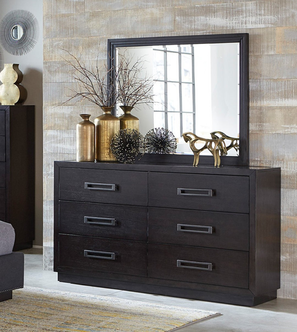 English Elm Modern Six Drawer Dresser with Glass Inset Top Gunmetal Pulls Charcoal Ash Veneer B011P201585