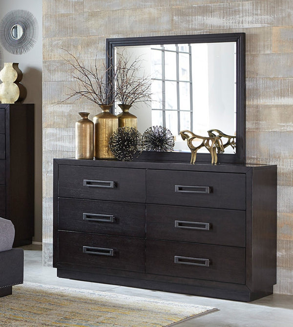 English Elm Modern Six Drawer Dresser with Glass Inset Top Gunmetal Pulls Charcoal Ash Veneer B011P201585
