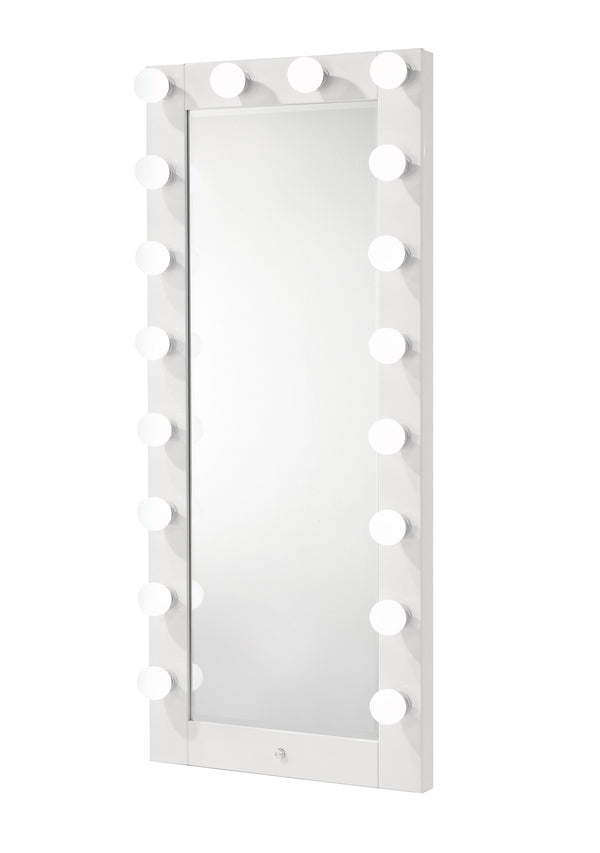 English Elm 1pc Glam Tall Lighted Mirror with Drawer Box Glossy White Vanity, Beveled Glass, Crystal Knob, Luxe Glow B011S01586