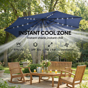 English Elm Garden Cantilever Patio Umbrella with Solar Led Lights and Upf30 Polyester Canopy Navy Blue T3971P481885