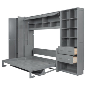 English Elm Queen Murphy Wall Bed Cabinet System with Wardrobe Drawers and Shelving in White Mdf LP000384AAE