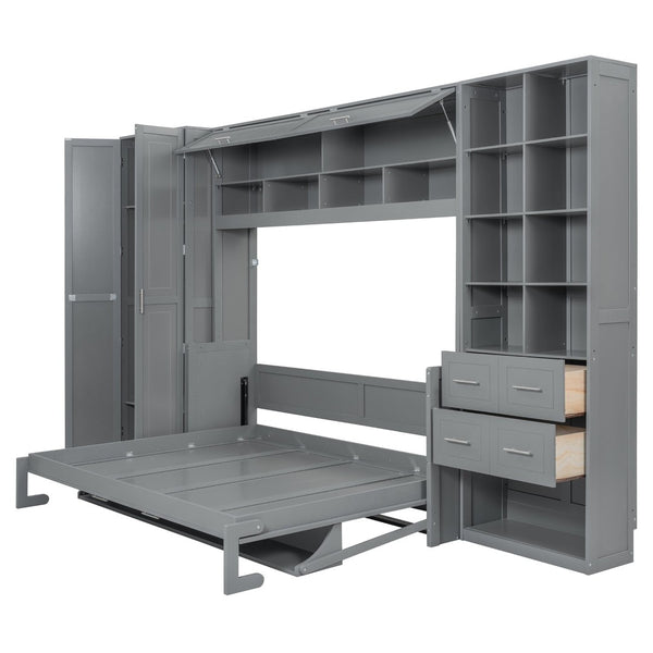 English Elm Queen Murphy Wall Bed Cabinet System with Wardrobe Drawers and Shelving in White Mdf LP000384AAE