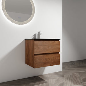 English Elm 24" Wall-Mounted Bathroom Vanity With Black Ceramic Sink & 2 Soft-Close Drawers For Stylish Storage W999S00193